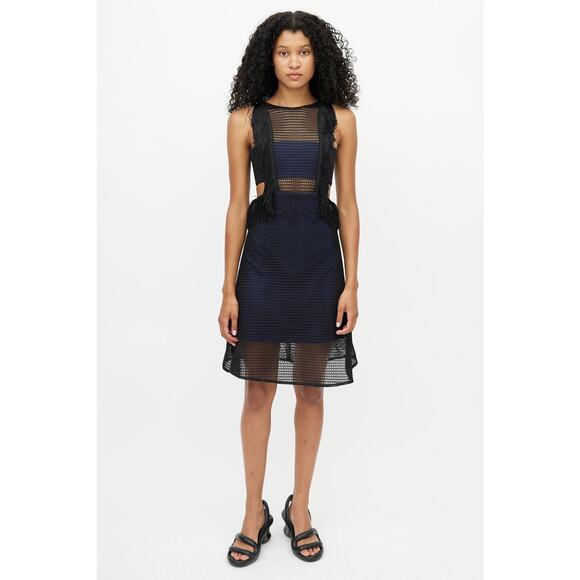 Self-Portrait Neoprene Black & Navy Flared Fringe Dress size 6 /SMALL - Picture 5 of 14